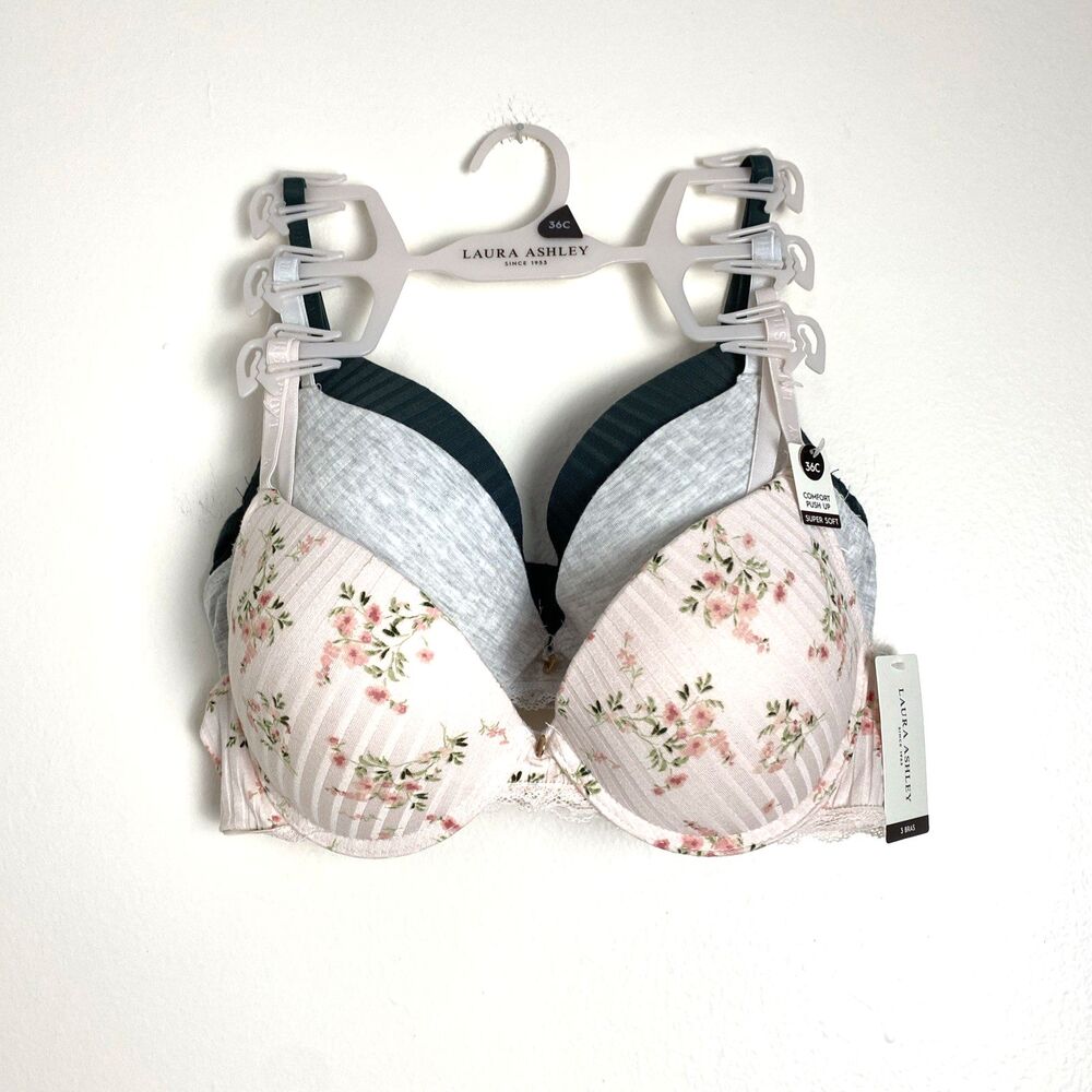 Laura Ashley Push Up Bra Women’s Size 36C Comfort 3 Pack Floral Gray Pink Lace